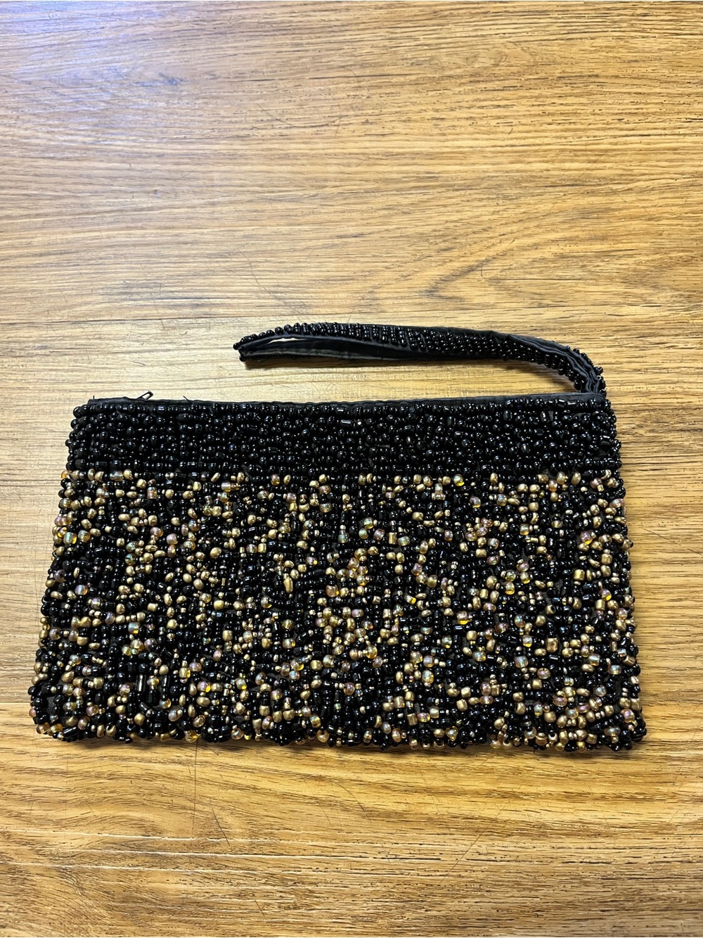 Vintage Black Gold Beaded Evening Wristlet Clutch Zipper Purse Party Bag